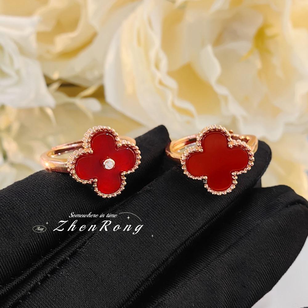 Women Jewelry Set Red Agnate Four Leaf Clover Necklace Ring Earrings Bracelet Natural Red Carnelian Luxury Gift