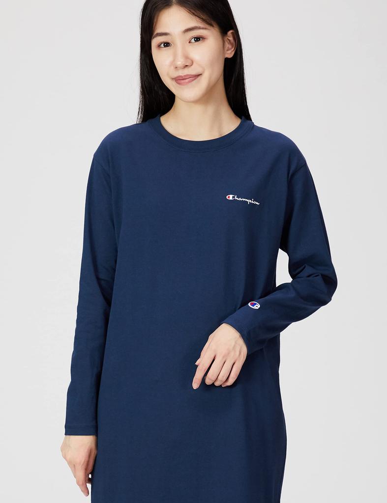 One Piece Long Sleeve Round Neck Cotton Script Logo One Piece Dress Navy M [Champion] 100% CW-W401 Women's