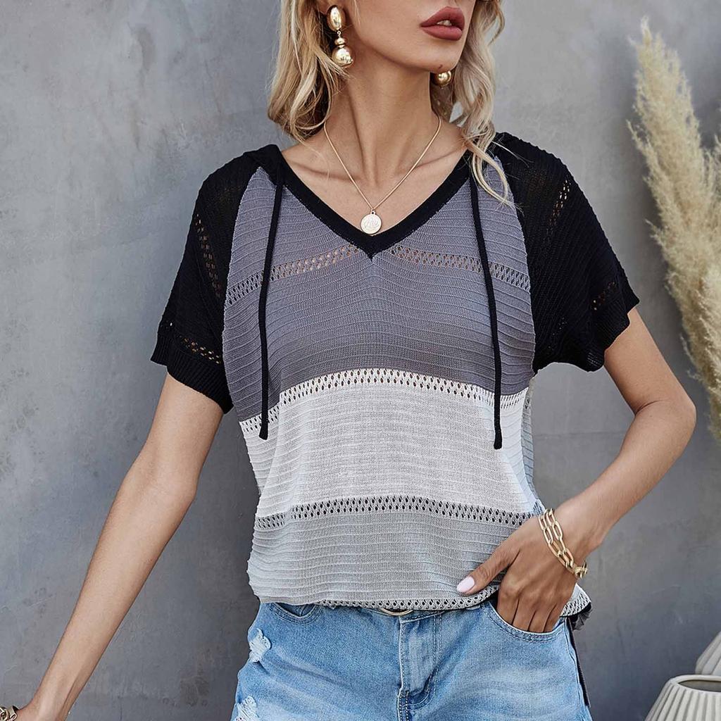 Женский повседневный модный и удобный пуловер с капюшоном и короткими рукавами, топ, разноцветный полосатый вязаный свитер