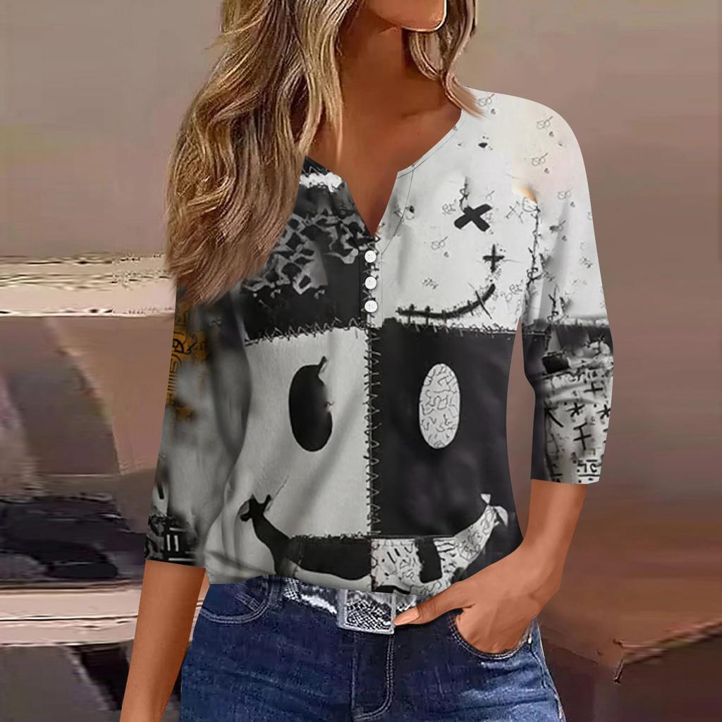 Women's Fashion Button-Up V-Neck Three-Quarter Sleeve Halloween Print Top