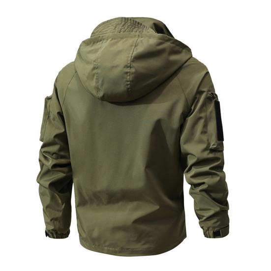 Men Casual Jacket Hooded Long Sleeve Windproof Jacket Multiple Pockets Full Zipper Closure Fastener Tape Trench Coat
