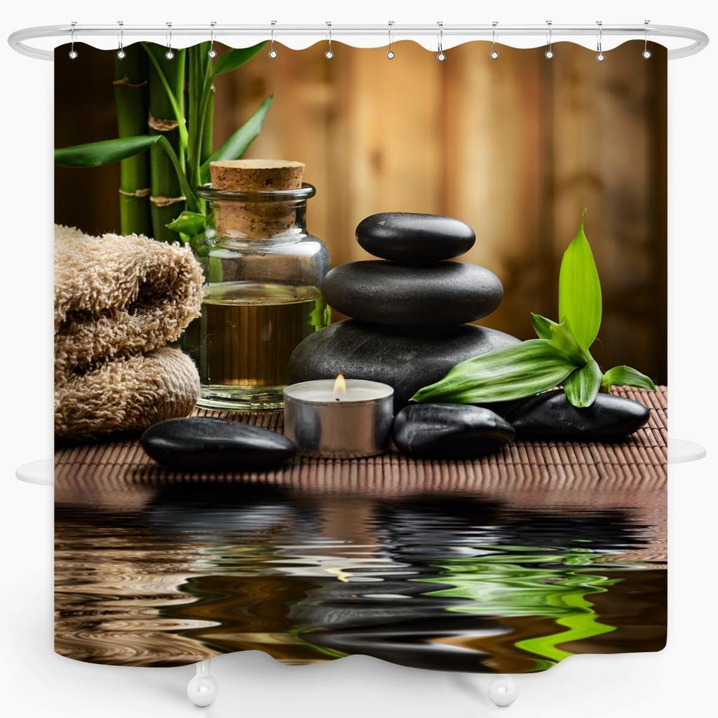 Шторка для душа Zen Spa Базальтовые камни Травяное масло Ароматические свечи Бамбук и отражение воды Расслабляющая медитация Домашний декор Водонепро