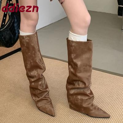 Мода 2025 Новая мода Женские ботфорты с острым носом и клиновидной подошвой Женская современная обувь Длинные западные сапоги Обувь слипоны Туфли-лодочки