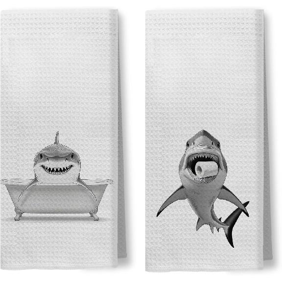 Funny Shark Bathroom Hand Towels, Shark Kids Bathroom Decor, Coastal Beach Ocean Hand Towels for Kids Bath Room Washroom Toilet, 16x24 Inch Set of 2