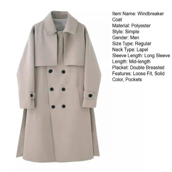 Мужская ветровка, пальто с лацканами, длинный рукав, двубортный тренчкот с карманами, однотонный свободный крой, осень-зима, средняя длина, верхняя одежда