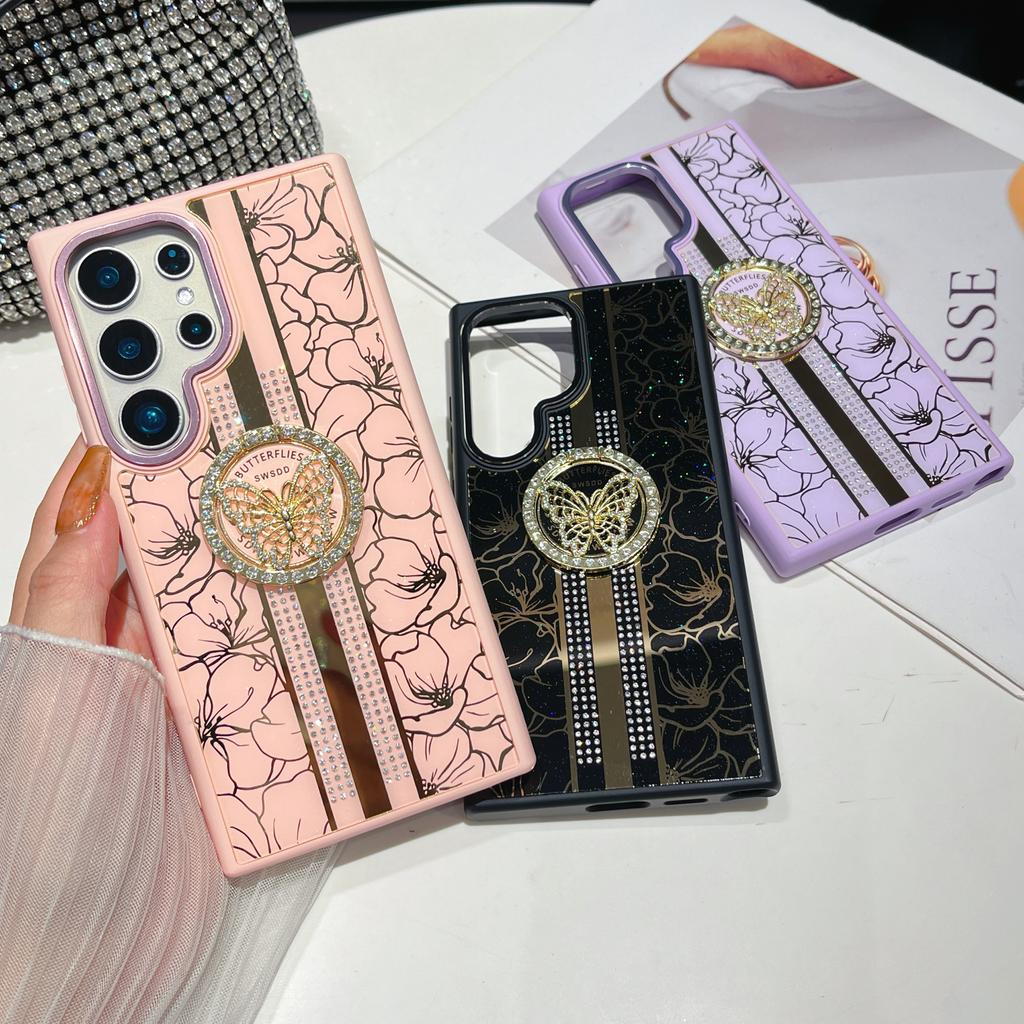For Samsung Galaxy S25 Ultra Case Flower Pattern TPU+PC Phone Back Cover with Butterfly Kickstand