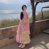 Womens Beach Vacation Dress With 3D Floral Embellishment Loose Fit A-Line Sleeveless Maxi In Pink Black White