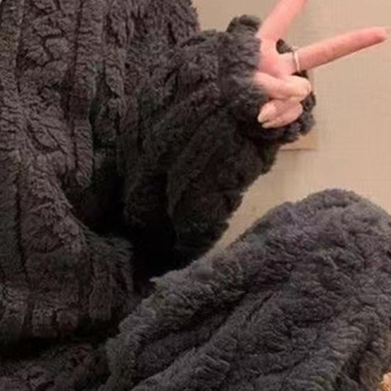 Женский флисовый пижамный комплект Мягкий пушистый пуловер В рубчик Комплект из двух предметов для сна Зимняя пушистая шерпа Пижама Домашний комплект