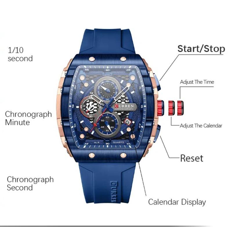 CURREN Мужские часы класса люкс квадратные кварцевые наручные часы водонепроницаемые светящиеся часы-хронограф с шестью штифтами спортивные часы с датой