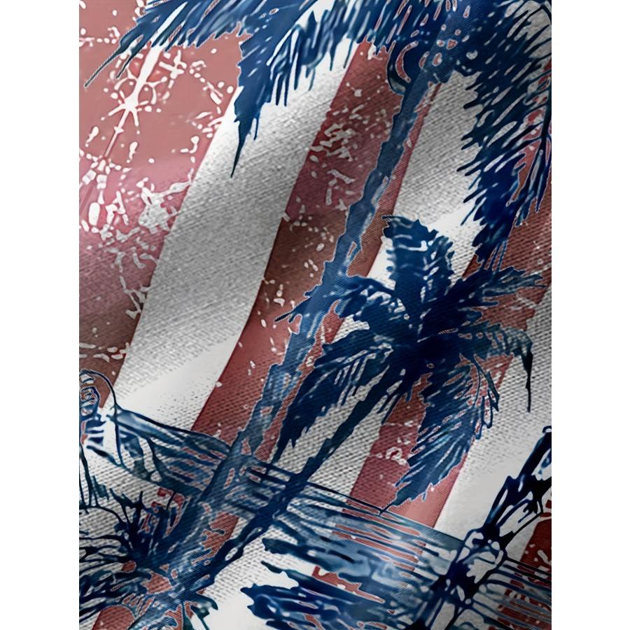 Гавайская рубашка с принтом кокосовой пальмы и пуговицей американского флага. Льняная рубашка с коротким рукавом.