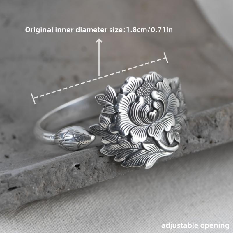 Vintage925Pure silver peony flower ring Adjustable Open-Closed Ring for Women, Exaggerated Wide Ring Daily and gift occasion New Year's jewelry is