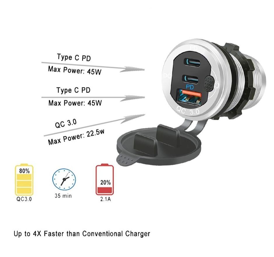 Автомобильное зарядное устройство 115 Вт QC3.0 и PD Type C с тремя USB-разъемами для автомобильного зарядного устройства с переключателем вольтметра, алюминиевый металлический адаптер для быстрой зарядки