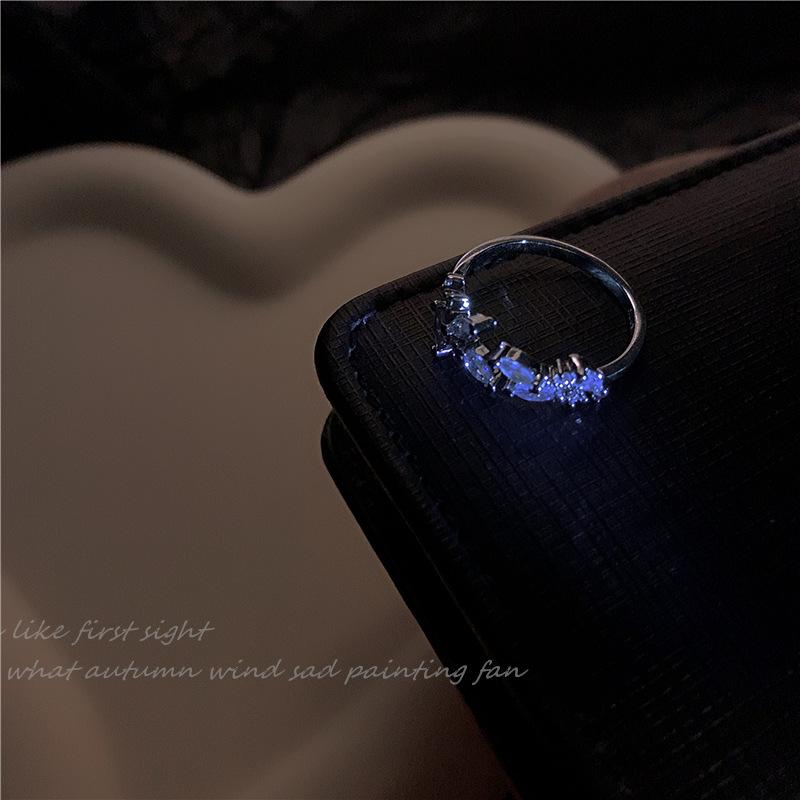 New trendy fresh and sweet super flash zircon leaf ring female, personalized flower opening adjustable index finger ring