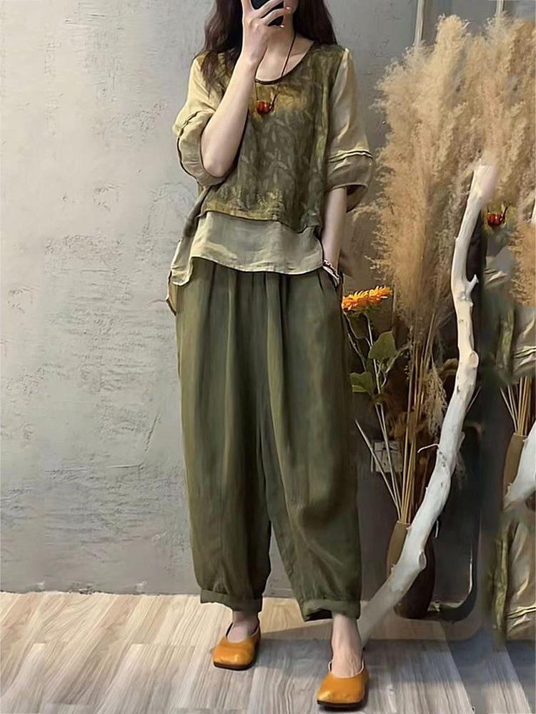 2023 Women's Summer Cotton & Linen Print Patchwork Harem Pants and Top Set