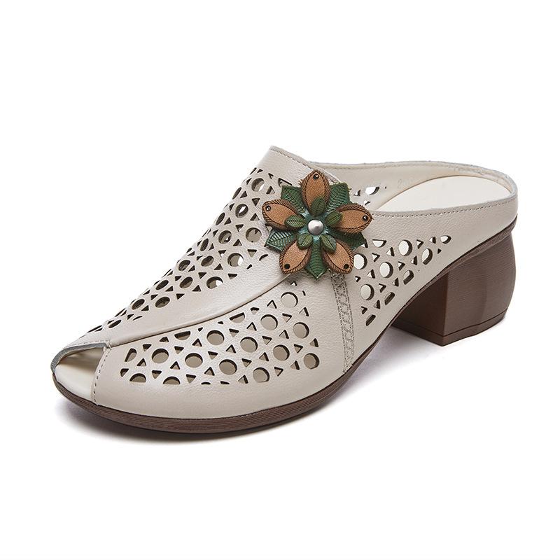 Летняя женская обувь в этническом стиле, толстый каблук, мягкая подошва, сандалии из коровьей кожи