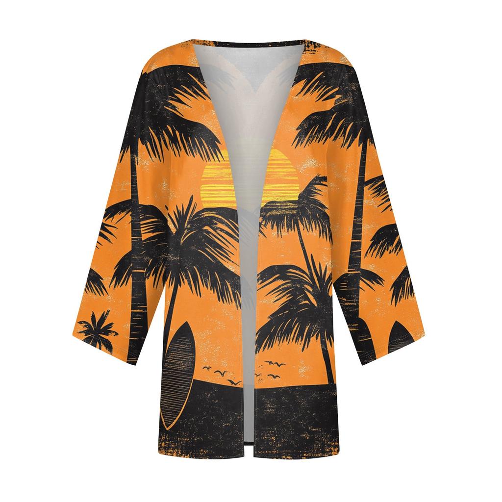 Women's Casual Fashion Beach Ocean Tree Print Lightweight Mid-Length Jacket Cardigan
