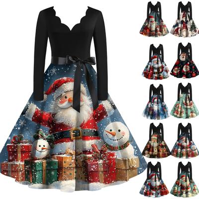 Женское рождественское платье с V-образным вырезом и широким подолом, длинное платье с рукавами