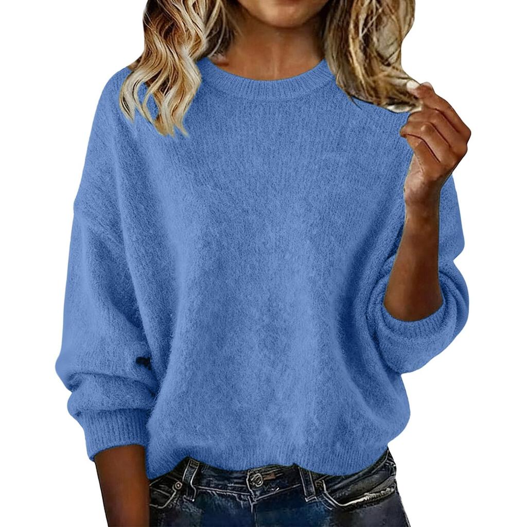 Women's Fashion Casual Loose Pullover Solid Color Round Neck Long Sleeve Knit Sweater