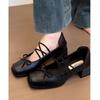 Retro Cross-strap Horse Thick Heel Lizhen Shoes Women's New Square Head Light Mouth Bow Small Leather Shoes