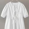 Summer Women Dress Lace-up Bow Decor Hollow Out O Neck Leopard Print Short Puff Sleeves Solid Color A-line Pleated Dating Party Mini Dress