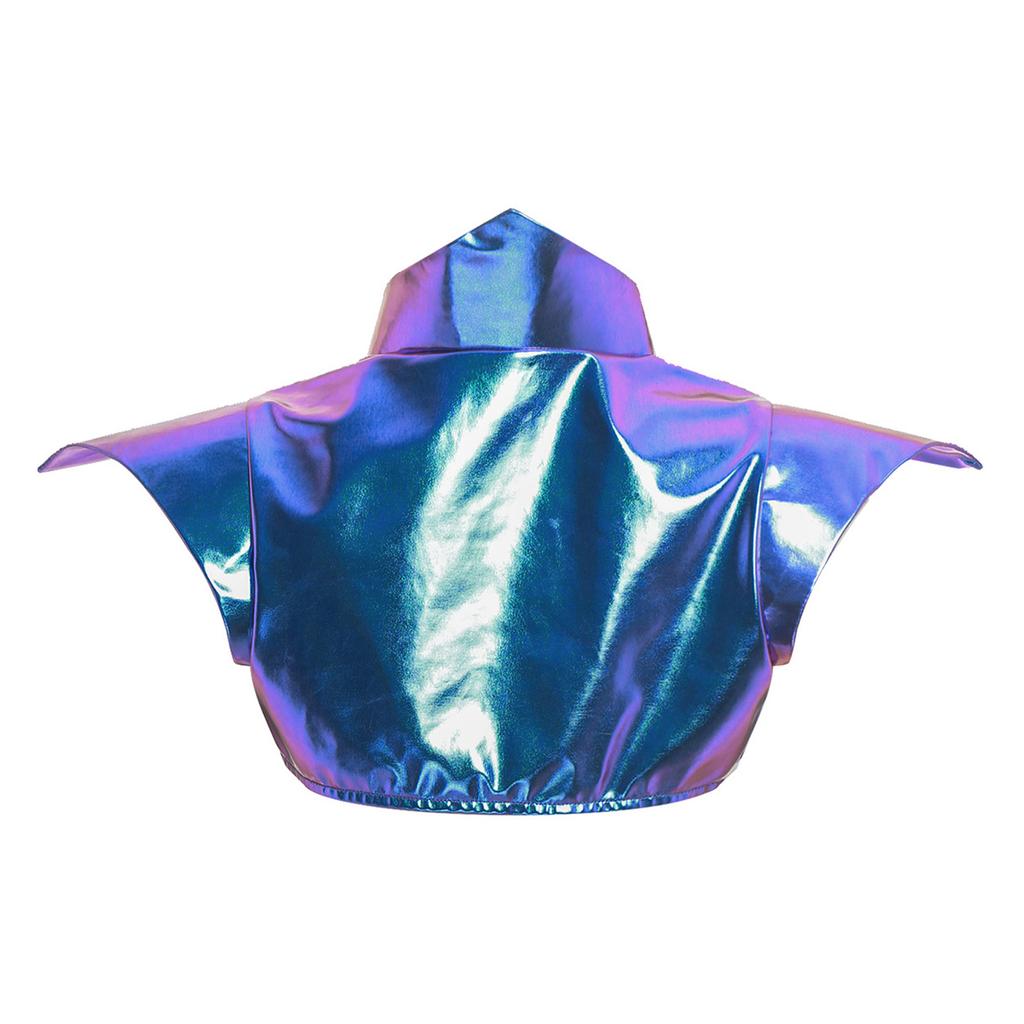 Metallic Shiny Stand Collar Fly Sleeve Bodycon Sling Jumpsuit with Gothic Pauldron Armor for Women Halloween Club Party