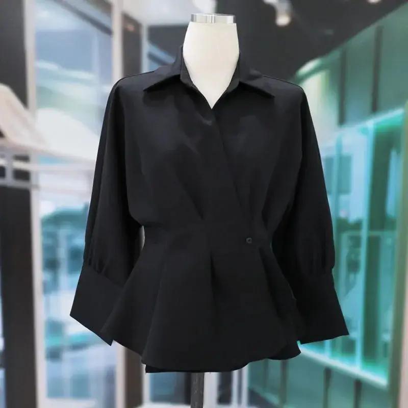 Lady Elegant Shirt Female Spring Fall Long-Sleeved Slim Pleated V-Neck Skinny Office Tops
