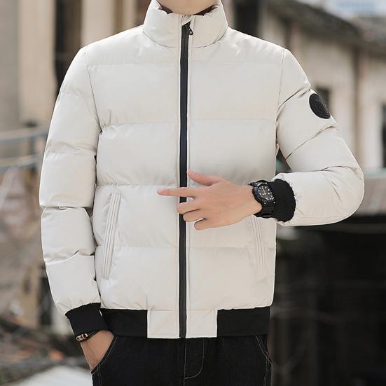 Men Down Jacket Stand Collar Long Sleeve Zipper Closure Jacket Elastic Hem Solid
