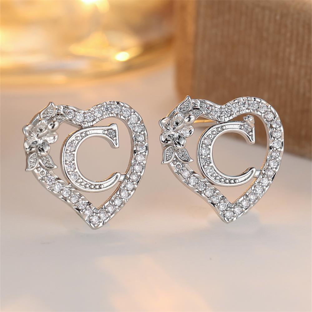 White Zircon Vintage Hollow Love Heart Letters Stud Earrings For Women Silver Color Wedding Jewelry Earring Valentine's Day Gift