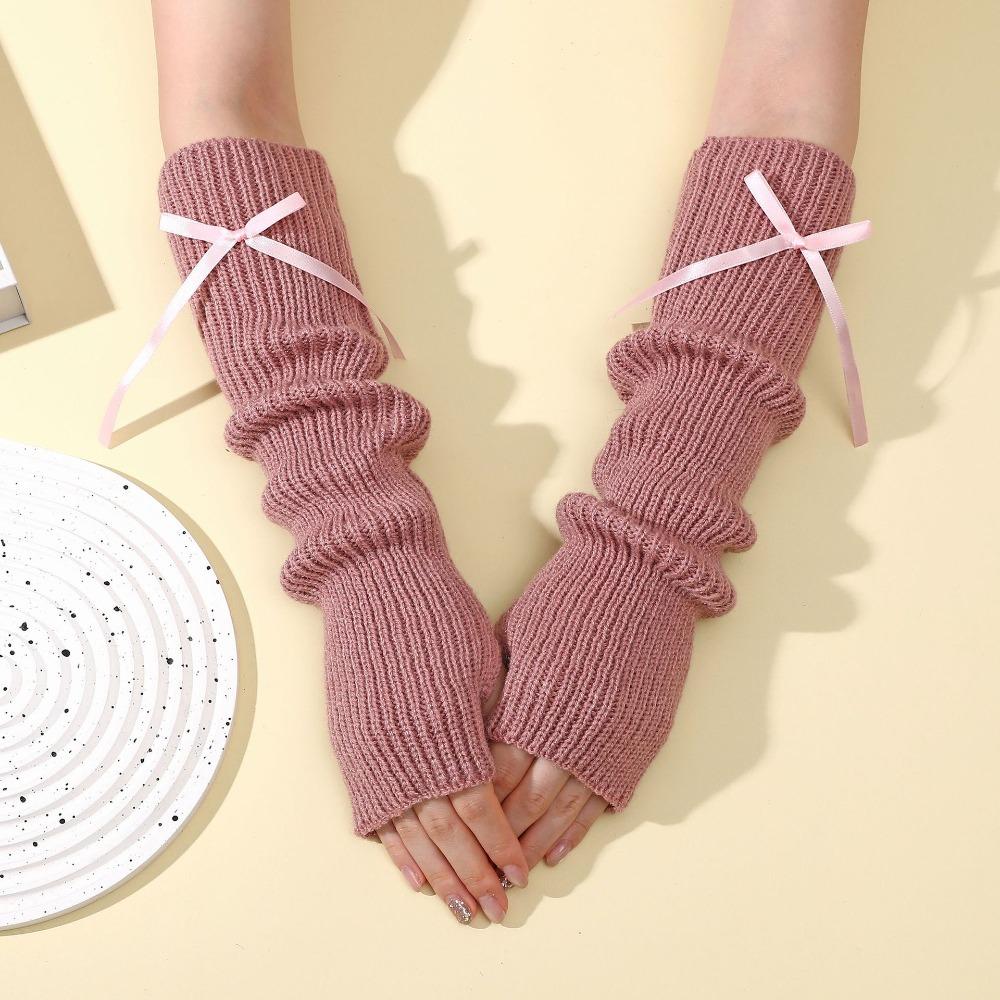 Fashion Y2K Long Wrist Gloves Thicken Bowknot Arm Warmers Soft Solid Color Knitted Arm Sleeves Women