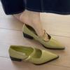 Однословные туфли-лодочки на высоком толстом каблуке с зеленым острым носком женские 2025 французские на среднем каблуке Мэри Джейн туфли с открытым верхом для通勤