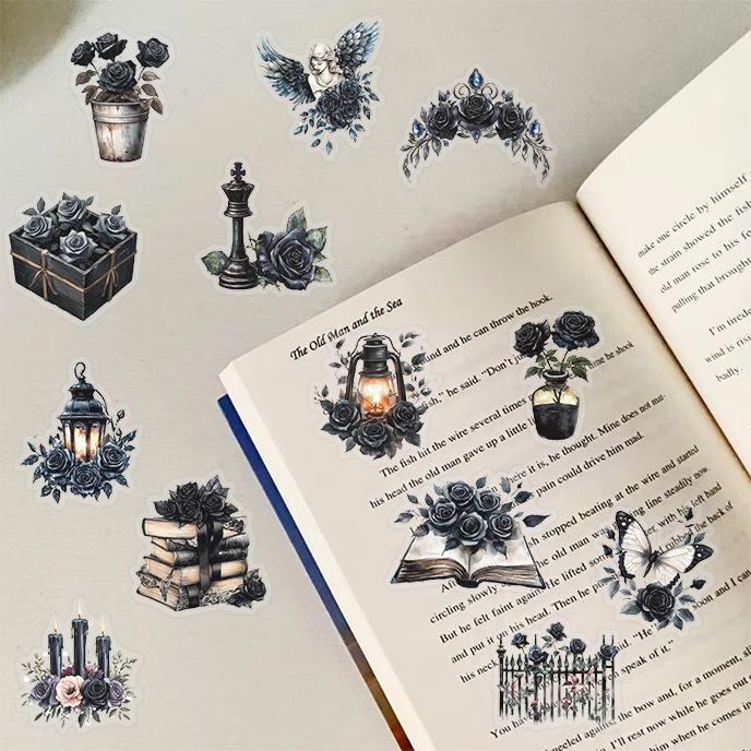 50 Transparent Cartoon Dark Rose Sticker Pack Waterproof Transparent PET Handbook Material Decorative Guitar Notebook