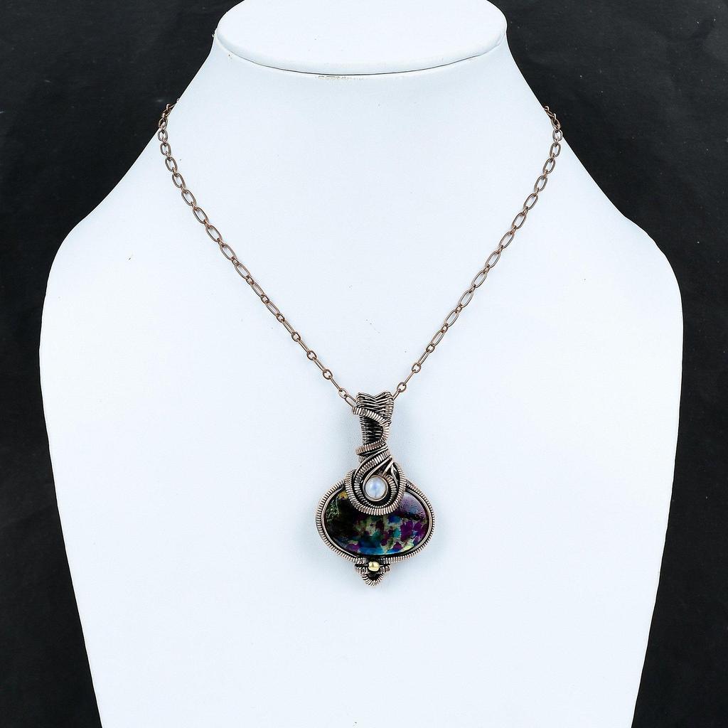 Кулон из разноцветного огненного лабрадорита, кулон из радужного лунного камня, обернутый медной проволокой, подвеска ручной работы из драгоценных камней, дизайнерское ювелирное изделие, подарок для мамы