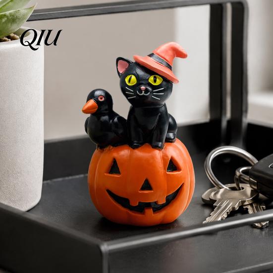 Pink Wizard Hat Cat Halloween Pumpkin Figurine, Retro Black Stacked Resin Decorations Tabletop Figurine for Table Desk Office Mantel Home Fireplace