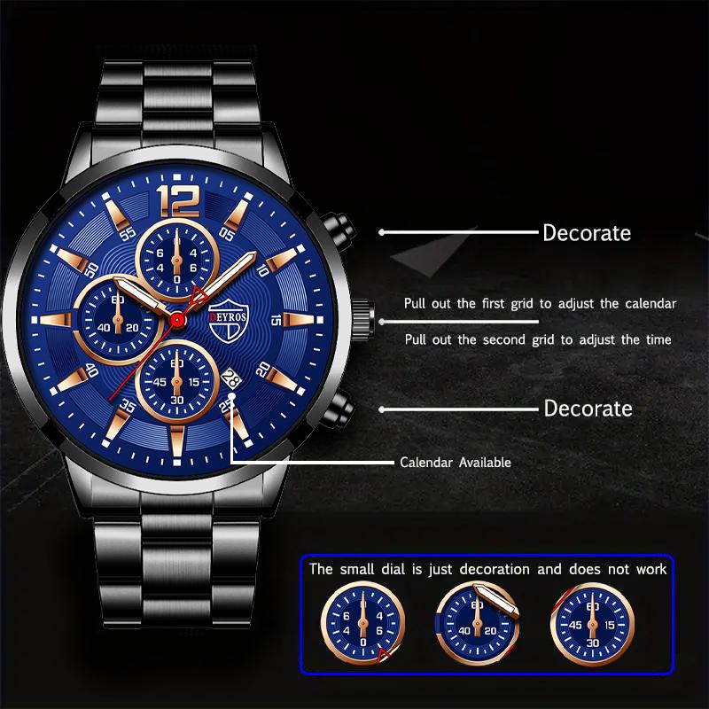 2pcs/set Fashion Men's Calendar Watch, Men's Business Stainless Steel Quartz Watch & Bracelet Necklace Set