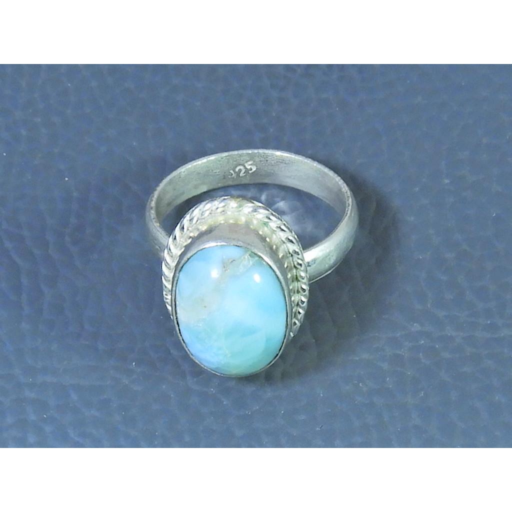 Natural Blue Larimar Solid 925 Sterling Silver Handmade Oval Ring Size US-7 MK-10