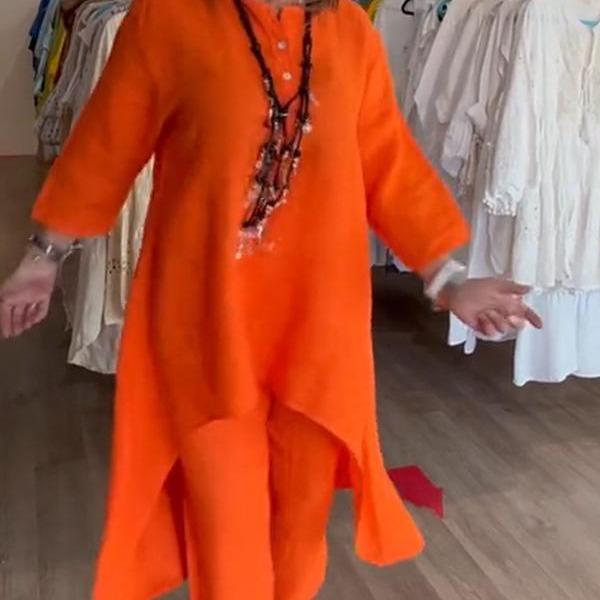 Женский однотонный повседневный летний комплект из хлопка и льна с длинными рукавами