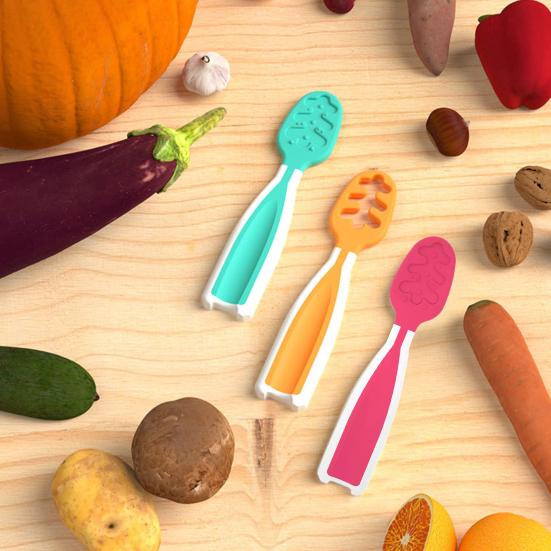 2Pcs Babies Food Training Spoons Set for 6+ Months Attractive Colors Portable Safe TPE Self Feeding Utensils for BLW Toddler Learning Tableware