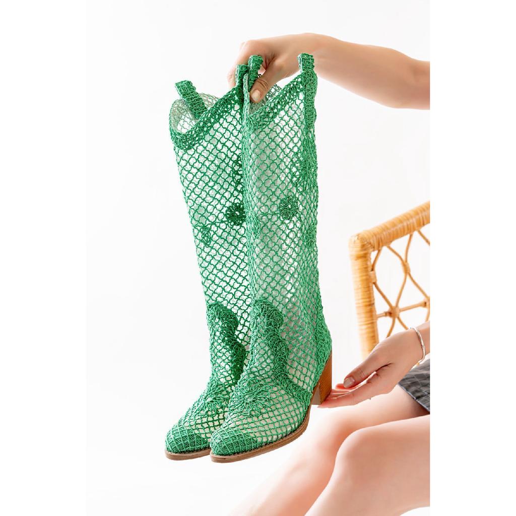 Длинные летние сапоги в стиле вестерн из белой кружевной ткани в ковбойском стиле