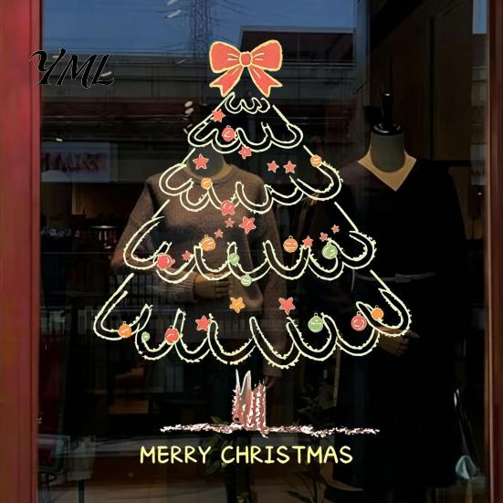 Reusable Static Clings Christmas Tree Window Sticker, Simple Line Cling Decal, Waterproof Holiday Ornaments Removable Festive PVC Decal for Home Glass
