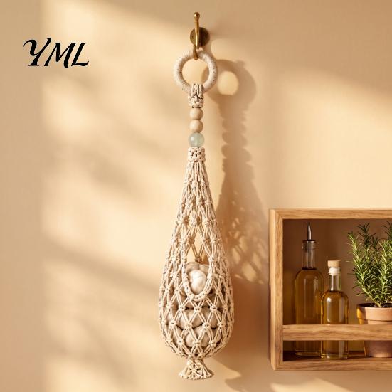 Rustic Kitchen Hanging Storage Handwoven Cotton Rope Mesh Bag, Wall-Mounted Bohemian Style Organizer, Onion And Potato Keeper Breathable Teardrop