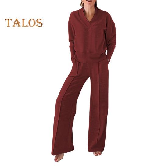 2 шт./комплект женский топ брюки комплект V-образный вырез длинные рукава свободная толстовка эластичный пояс широкие спортивные штаны спортивный наряд осенний повседневный спортивный костюм