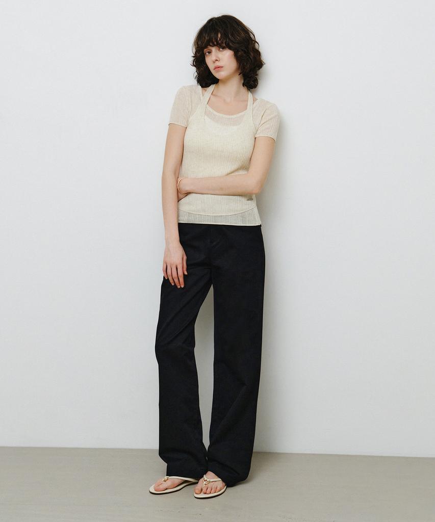 MONGDOL [Set] Ribbed Halterneck Sleeveless & Short Sleeve Knit Oatmeal Mdkt129Oatmeal