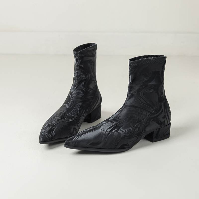 lenkisen PU Autumn Winter Shoes Thick Low Heels Printing Oriental Design Chelsea Boots Keep Warm Beauty Lady Ankle Boots