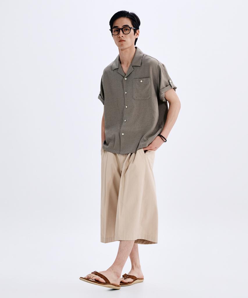TAKEASY Linen-Like Roll-Up Half Shirt (Mocha)