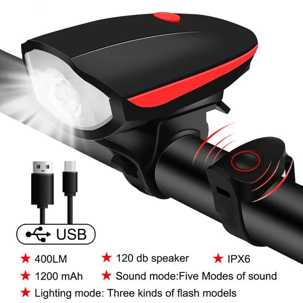 USB Rechargeable Bike Headlight with Horn Waterproof LED Front Light for Mountain Road Bicycle Night Riding Safety