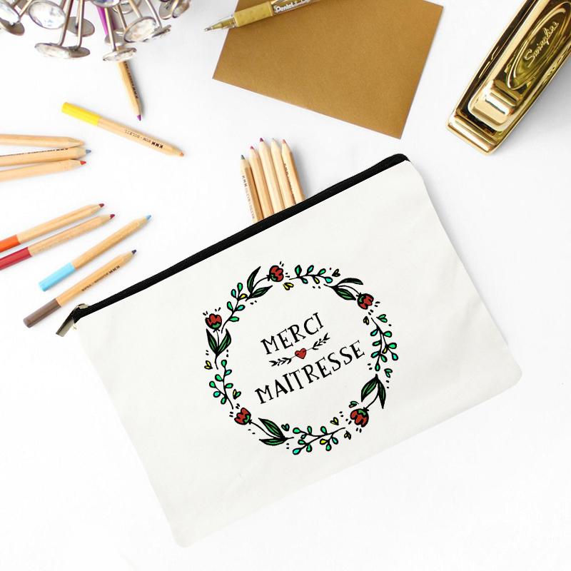 Teacher Superpower French Letter Print Women Cosmetic Bag Canvas Zipper Makeup Pouch Purse Organizer Pencil Bags Toiletry Bag