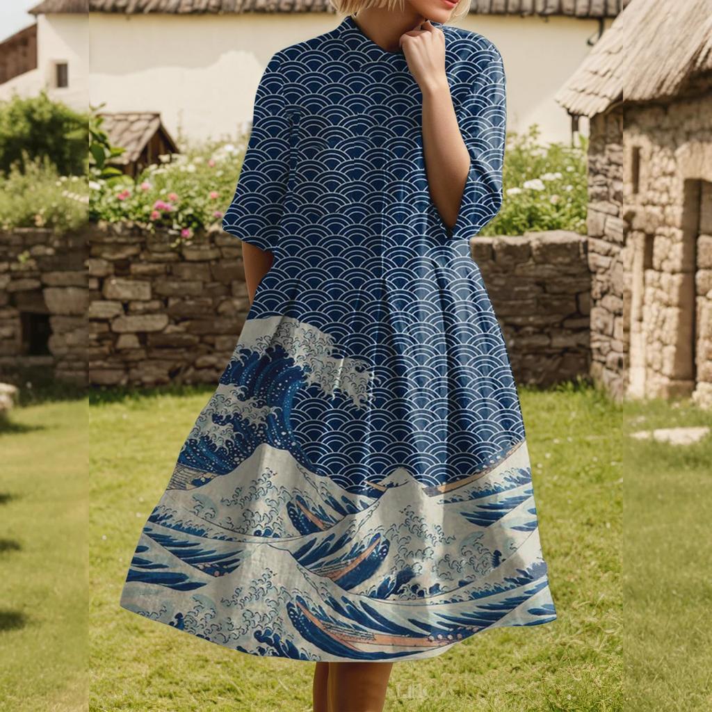 Dress For Women Elegant Casual Smocked Button Lapel Short Sleeve Knee Length Dress