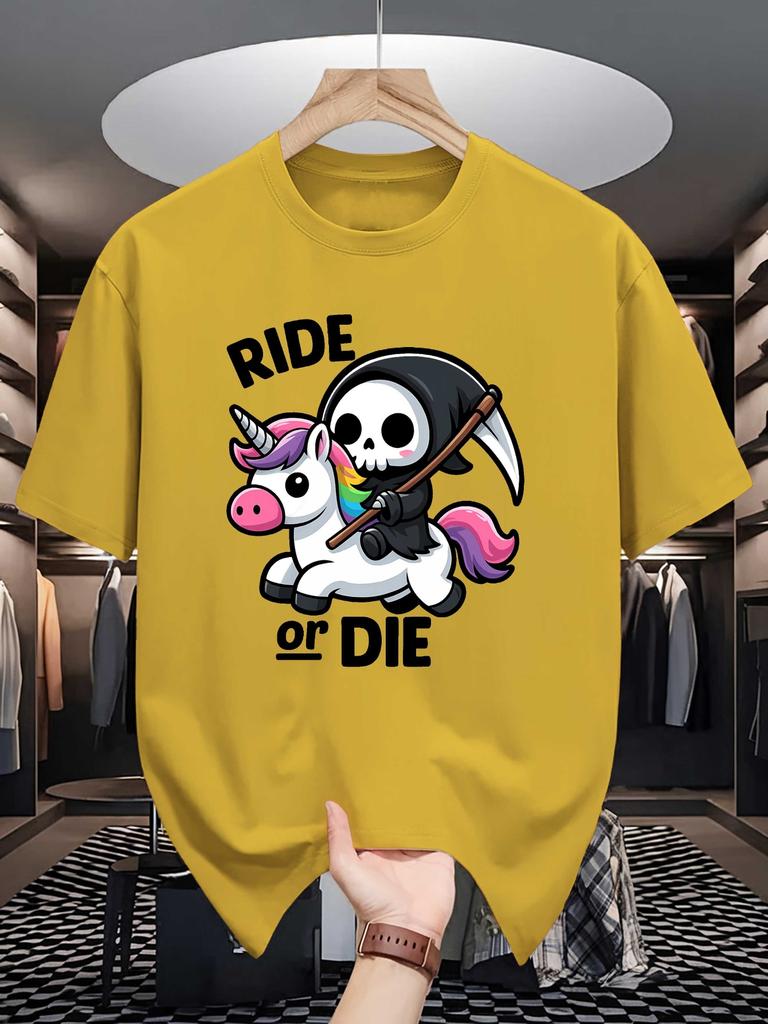Unisex Crew Neck Tee Cute Reaper Unicorn Ride Or Die Text Print Soft Cotton Loose Short Sleeve Summer Casual Male Streetwear Tops