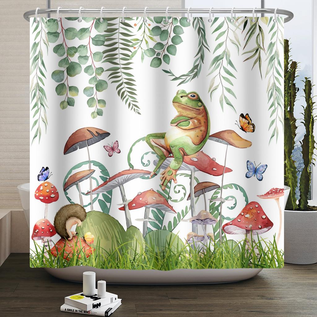 Funny Frog Shower Curtain for Bathroom Mushroom Butterfly Floral Green Plant Cartoon Animal Waterproof Polyester Shower Curtain