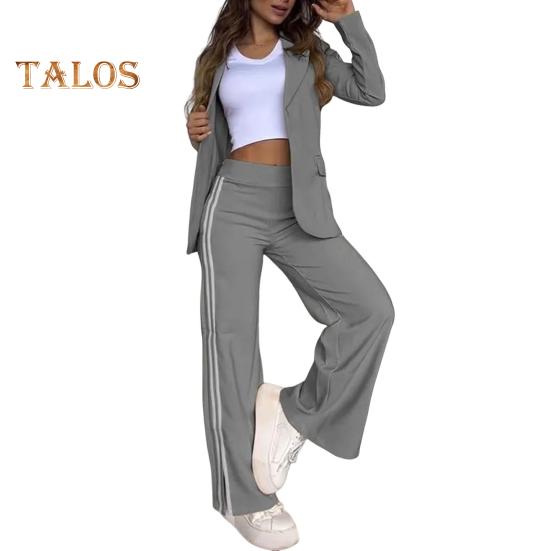 Комплект из 2 предметов: пальто и брюки для леди, отложной воротник, длинные рукава, свободные полосатые брюки с широкими штанинами, повседневная одежда для поездок на работу